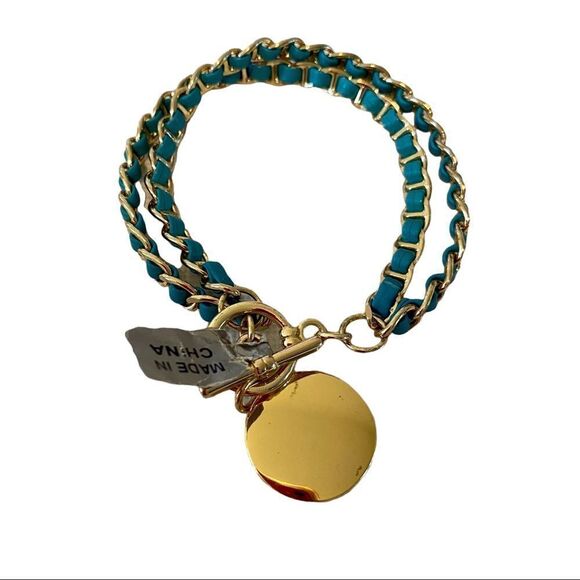 Teal Green & Gold Double Chain Bracelet w/ decorative toggle clasp. - Picture 1 of 6